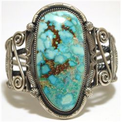 Old Pawn Navajo Mountain Turquoise Sterling Silver Cuff Bracelet - Oscar Alexius