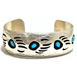 Old Pawn Navajo Turquoise Bear Paw Sterling Silver Large Cuff Bracelet - Pearlene Spencer