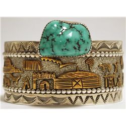 Old Pawn Navajo Turquoise & 12k Gold Fill over Sterling Silver Storyteller Cuff Bracelet - RN