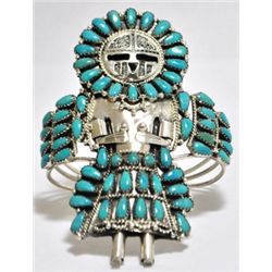 Old Pawn Turquoise Sun Face Kachina Sterling Silver Cuff Bracelet - LMB