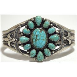 Old Pawn Navajo Spider Web Kingman Turquoise Sterling Silver Cuff Bracelet - SH