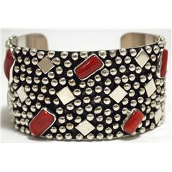 Old Pawn Navajo Coral Sterling Silver Cuff Bracelet - Shay