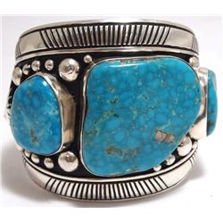 Old Pawn Navajo Morenci Turquoise Sterling Silver LARGE Cuff Bracelet - Tommy Singer