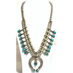 Old Pawn Navajo Spider Web Kingman Turquoise Sterling Silver Squash Blossom Necklace - Doris Smallca