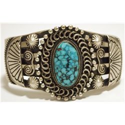 Old Pawn Navajo Spider Web Kingman Turquoise Sterling Silver Cuff Bracelet - Calvin Martinez