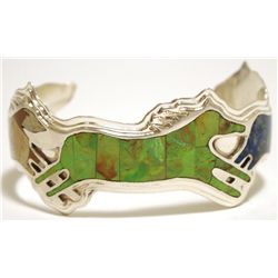 Navajo Multi-Stone Inlay Sterling Silver Horses Cuff Bracelet - Francis