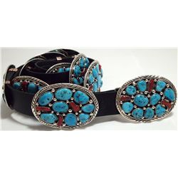 Navajo Turquoise & Coral Cluster Sterling Silver Concho Belt - Marie Thompson