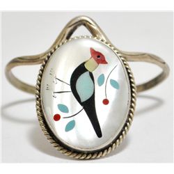 Old Pawn Multi-Stone Inlay Roadrunner Sterling Silver Cuff Bracelet