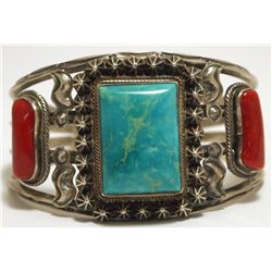 Old Pawn Navajo Coral & Turquoise Sterling Silver Cuff Bracelet - Running Bear