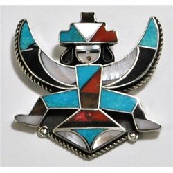 Old Pawn Multi-Stone Knifewing Kachina Sterling Silver Pin - M