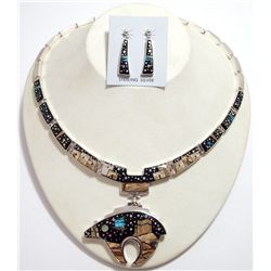 Navajo Multi-Stone Inlay Night Sky Bear Sterling Silver Necklace & Earrings Set - Calvin Begay