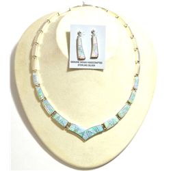 Navajo White Opal Inlay Sterling Silver Link Necklace & Post Earrings Set - Calvin Begay