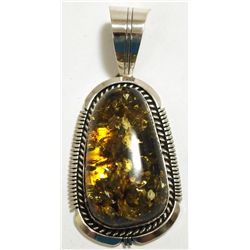 Navajo Green Flecked Amber Sterling Silver Pendant - Eugene Belone