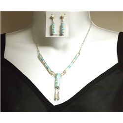 Zuni Opal & Turquoise Inlay Sterling Silver Necklace & Earrings Set - Phyllis Lucio