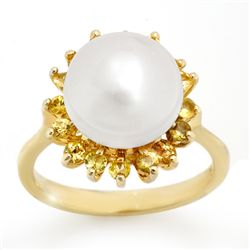 Genuine 0.75 ctw Yellow Sapphire & Pearl Ring 10K Gold