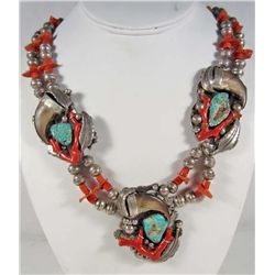 NATIVE AMERICAN INDIAN SQUASH BLOSSOM NECKLACE - SILVER, TURQUOISE & CORAL