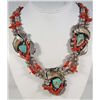 Image 1 : NATIVE AMERICAN INDIAN SQUASH BLOSSOM NECKLACE - SILVER, TURQUOISE & CORAL