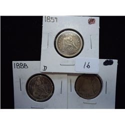 1857,88 & 91 SEATED LIBERTY DIMES