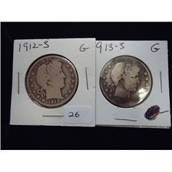 1912-S & 13-S BARBER HALF DOLLARS