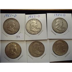 6 ASSORTED FRANKLIN HALF DOLLARS
