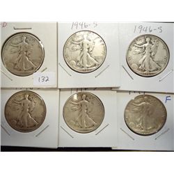 6 ASSORTED WALKING LIBERTY HALF DOLLARS