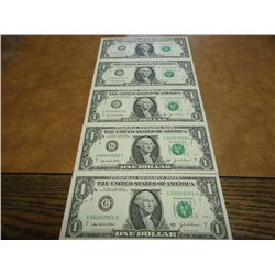 5-2003-A LOW SERIAL NUMBER CONSECUTIVE $1 FRN'S