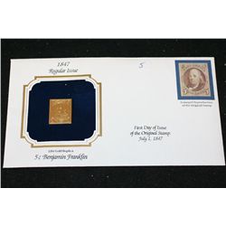 22K Gold Replica Stamp W/Enlarged Reproduction of the Original Stamp Issued 1847; 5 Cent Benjamin Fr