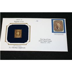 22K Gold Replica Stamp W/Enlarged Reproduction of the Original Stamp Issued 1856; 5 Cent Thomas Jeff