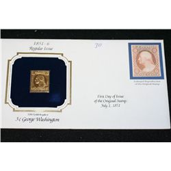 22K Gold Replica Stamp W/Enlarged Reproduction of the Original Stamp Issued 1851; 3 Cent George Wash
