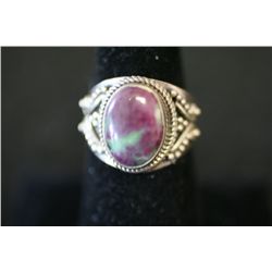 Sterling Silver Ring W/Purple Marbled Colored Stone; .925 Silver
