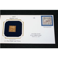22K Gold Replica Stamp W/Enlarged Reproduction of the Original Stamp Issued 1869; 2 Cent Post Rider 