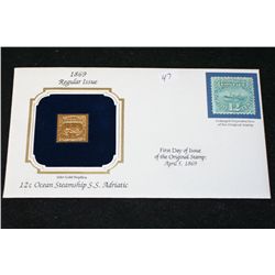 22K Gold Replica Stamp W/Enlarged Reproduction of the Original Stamp Issued 1869; 12 Cent Ocean Stea