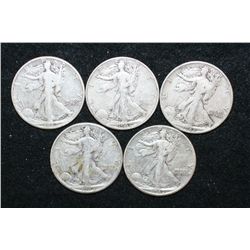 1937, 1942 (3) & 1944 Walking Liberty Half Dollar; Lot of 5