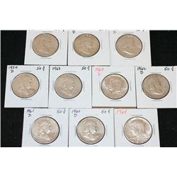 1954-D, 1960-D, 1961-D, 1962-D, 1963 (2), 1963-D (2) Ben Franklin Half Dollar & 1964 & 1964-D Kenned