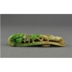 Chinese Carved White & Apple Green Jade Belt Hook