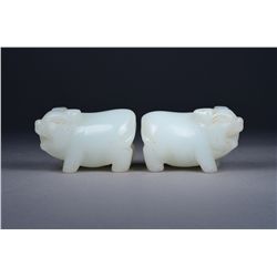 Pair Chinese Carved Tibet Hetian Jade Zodiac Pigs
