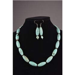 Chinese Carved Turquoise Necklace & Pair Earrings