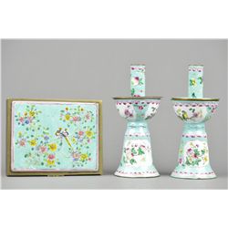 Set 3 Chinese Cloisonne Pieces: Candleholder & Box