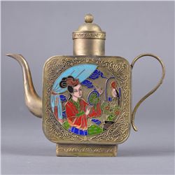 Chinese Silver Tea Pot w/ Enameled Scene of Beauty