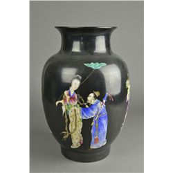 Large Chinese Black Ground Porcelain Vase Qianlong