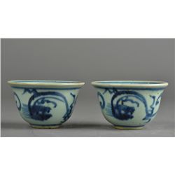 Pair of Chinese Qing Blue & White Porcelain Cups