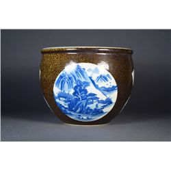 Chinese Fish Bowl Blue & White Landscape Minguo
