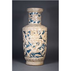 Chinese Blue & White Rouleaux Vase Qianlong
