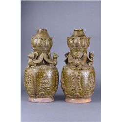 Pair Chinese Celadon Brown Vase Guanyin & Phoenix