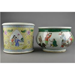 Set of Two Porcelain Brush Pot & Fish Bowl