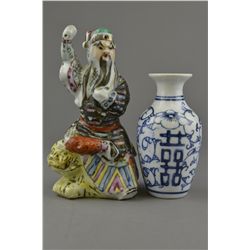 Set 2 Chinese Figure of Immortal & Small BW Vase