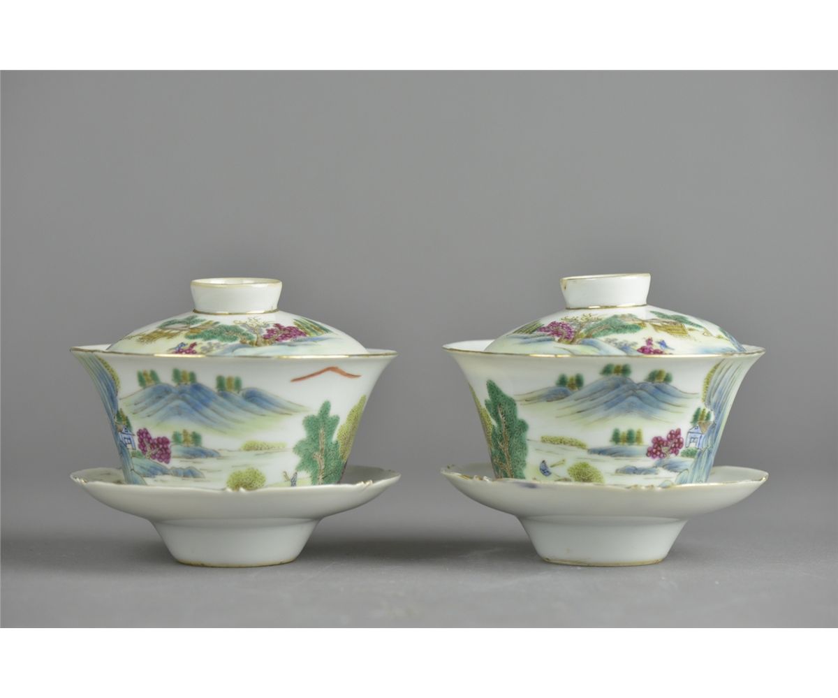 Set of Two Chinese Tea Cups with Saucers Qianlong