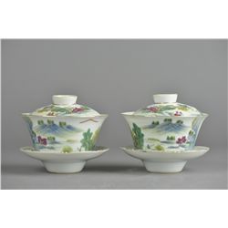 Set of Two Chinese Tea Cups with Saucers Qianlong