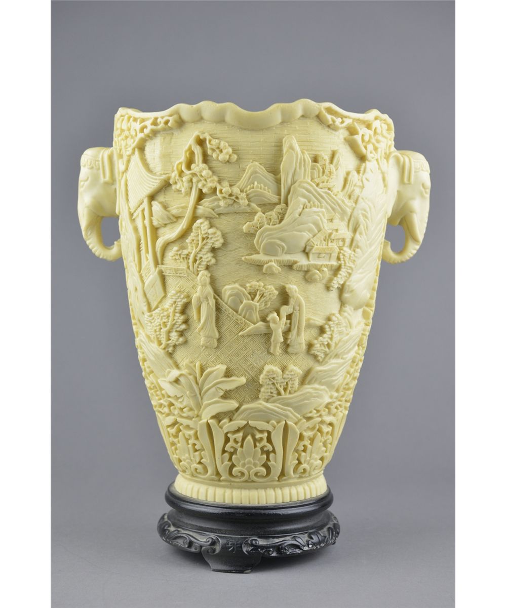 Chinese Lacquer Carved Vase with Elephant Handles