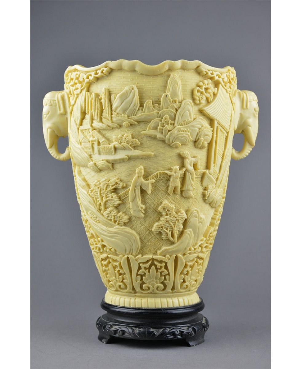 Chinese Lacquer Carved Vase with Elephant Handles